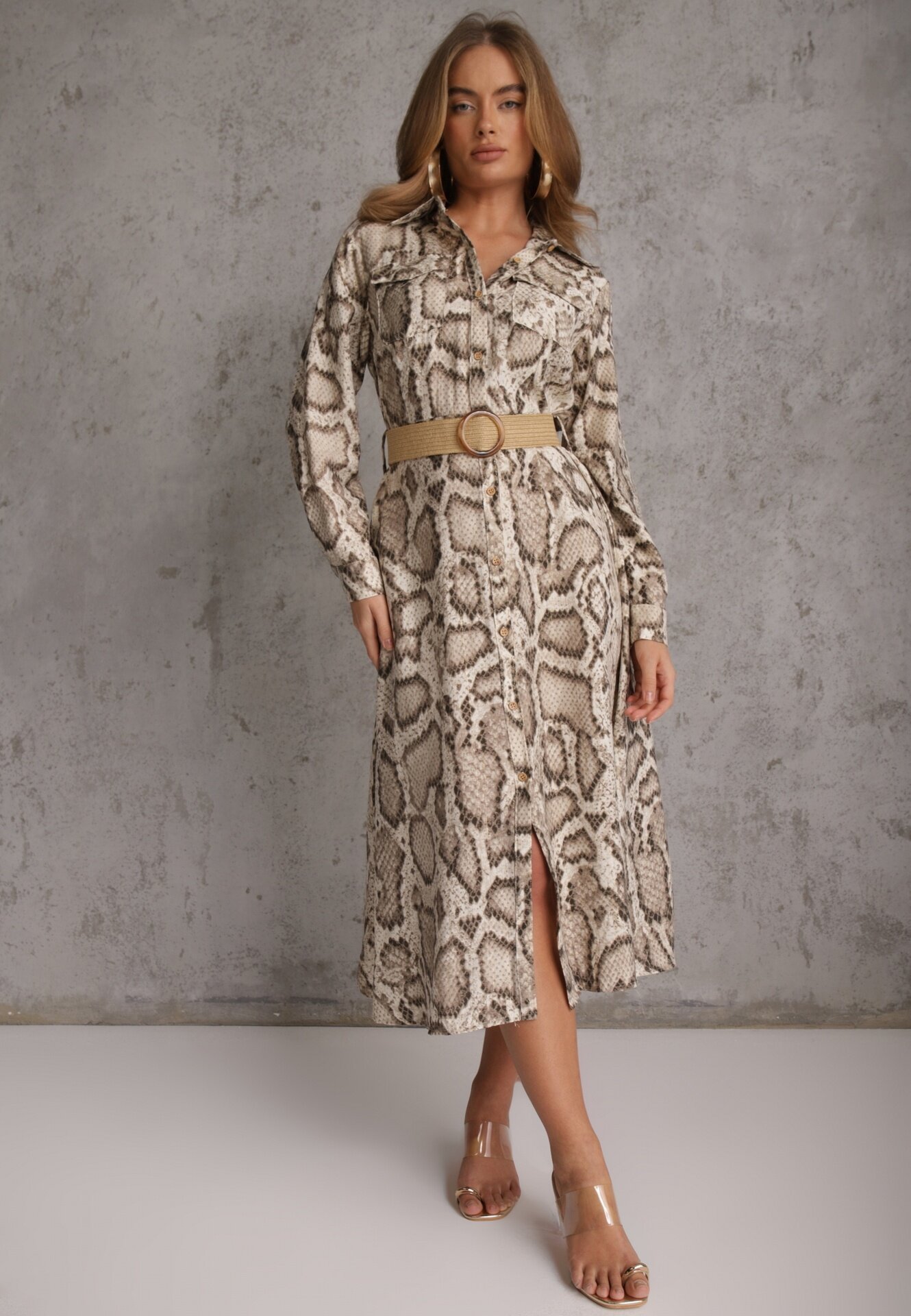 rosa Rochie Cămașă Bej Snake Print din Viscoză și Curea Bririn