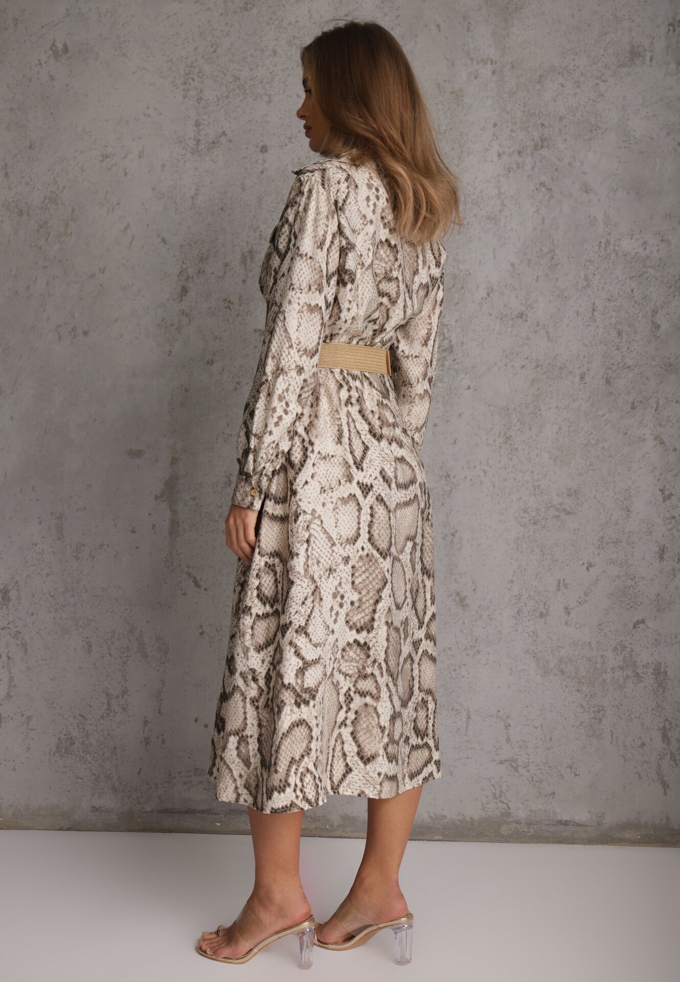 rosa Rochie Cămașă Bej Snake Print din Viscoză și Curea Bririn
