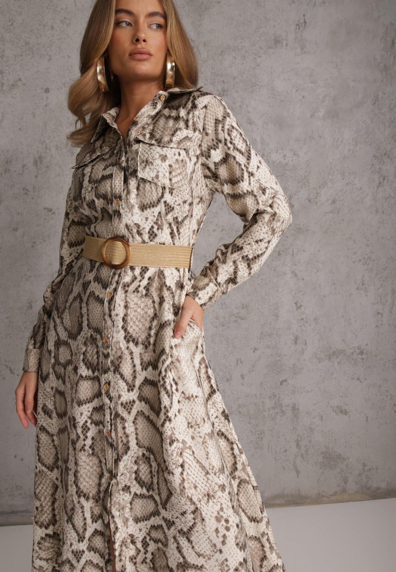 rosa Rochie Cămașă Bej Snake Print din Viscoză și Curea Bririn