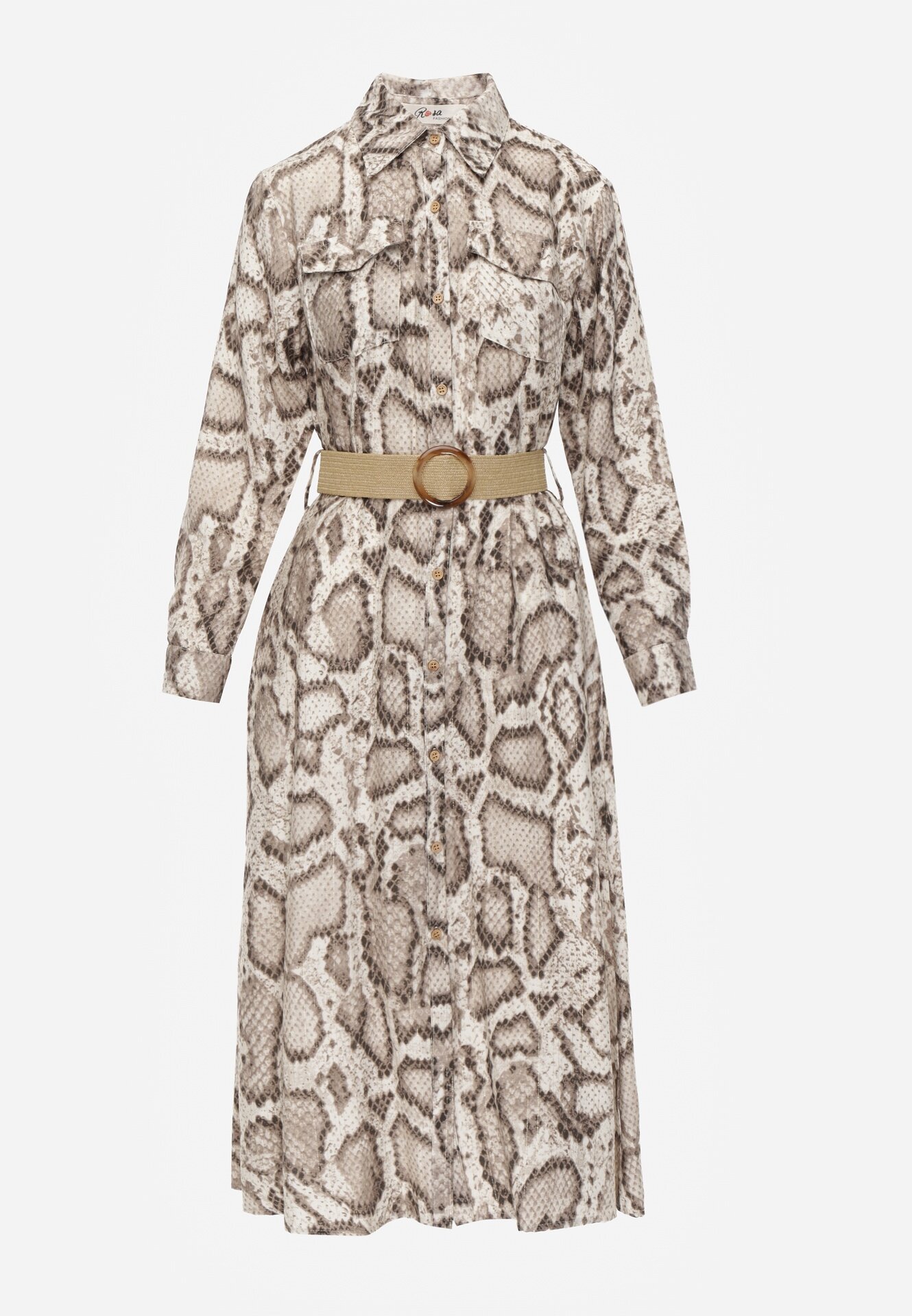 rosa Rochie Cămașă Bej Snake Print din Viscoză și Curea Bririn