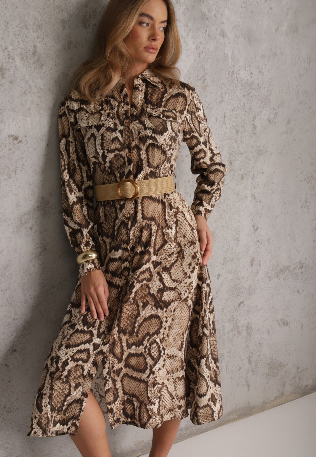 rosa Rochie Cămașă Maro Snake Print cu Vâscoză și Curea Bririn