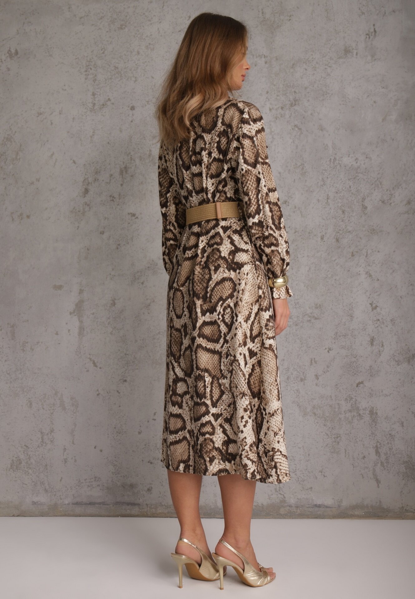 rosa Rochie Cămașă Maro Snake Print cu Vâscoză și Curea Bririn