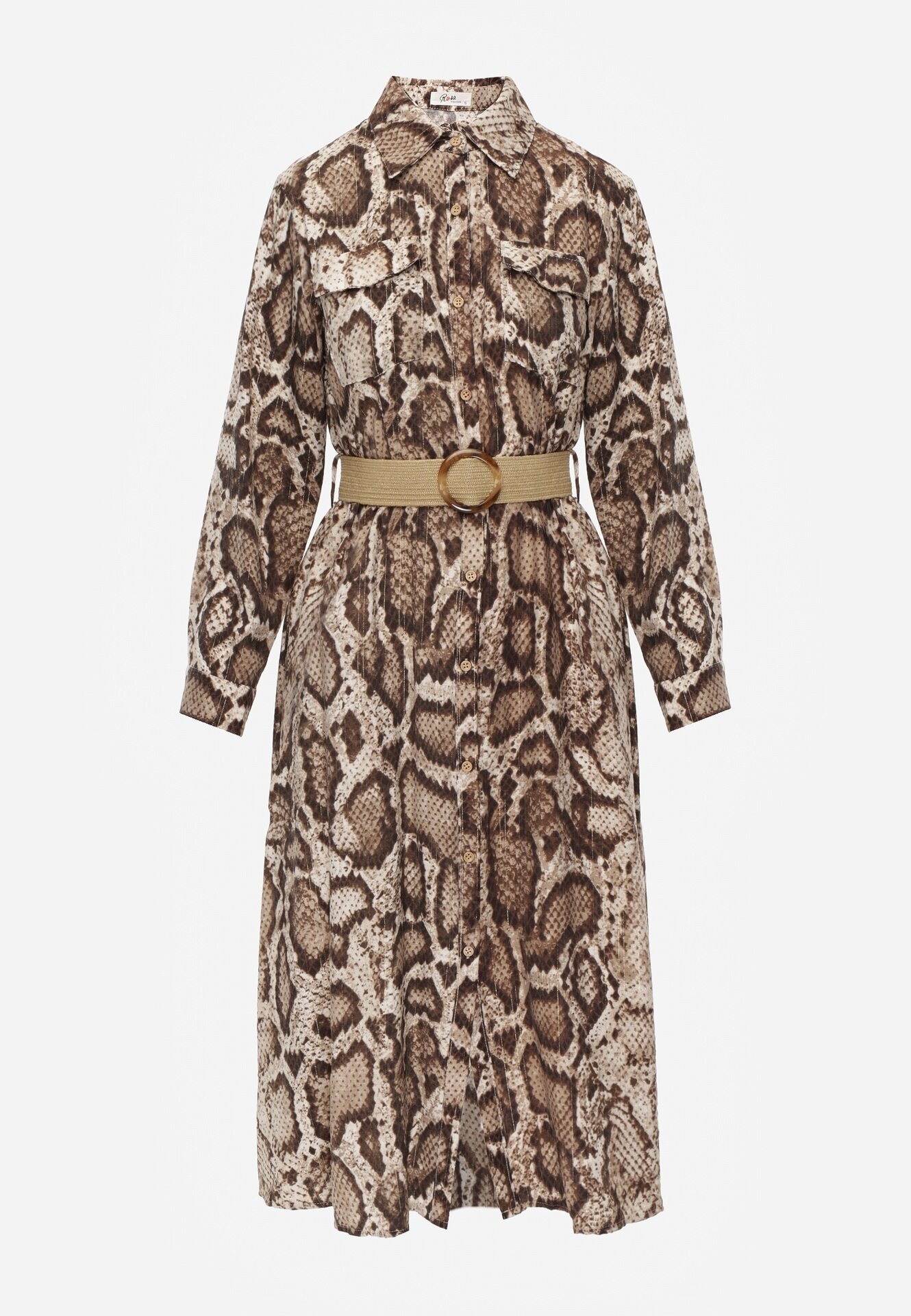 rosa Rochie Cămașă Maro Snake Print cu Vâscoză și Curea Bririn