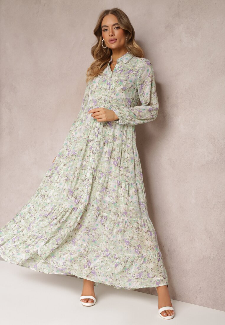 rosa Rochie Cămașă Mentă Maxi Florală cu Volan la Bază Nilmisse