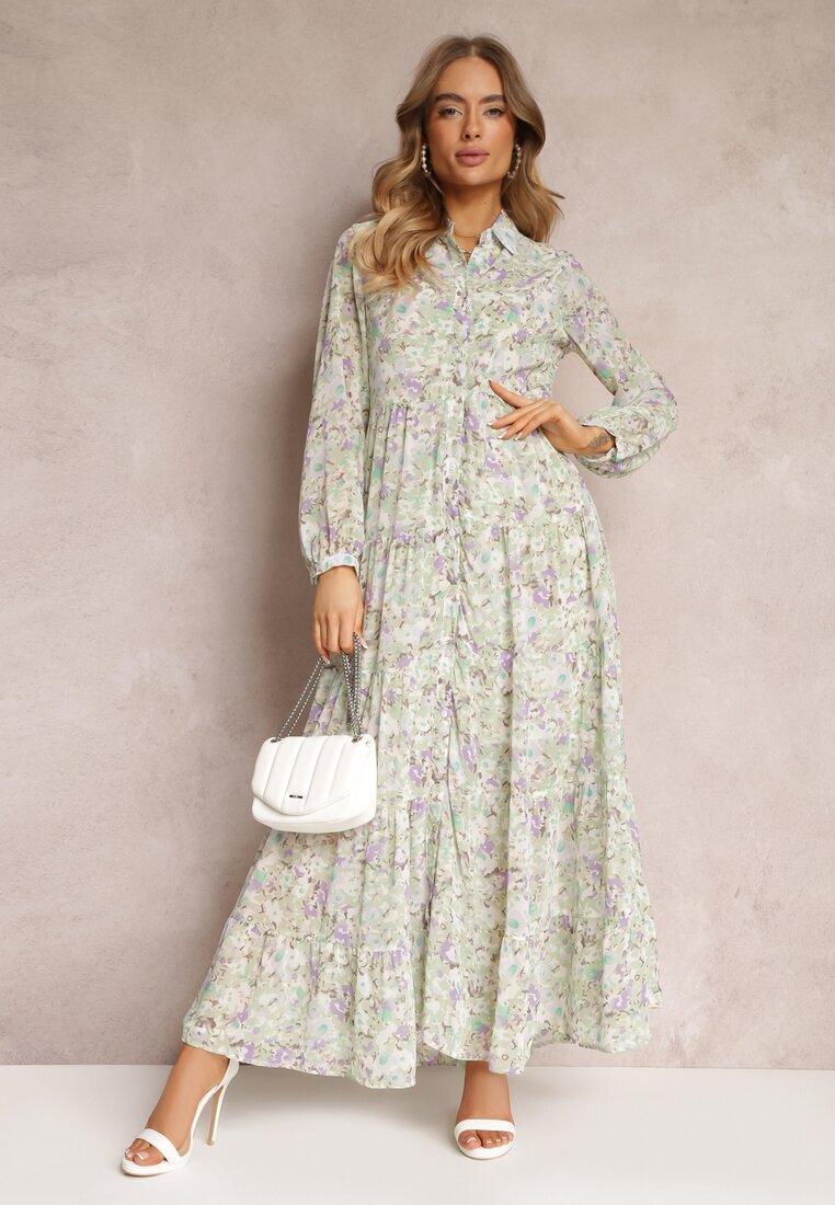 rosa Rochie Cămașă Mentă Maxi Florală cu Volan la Bază Nilmisse