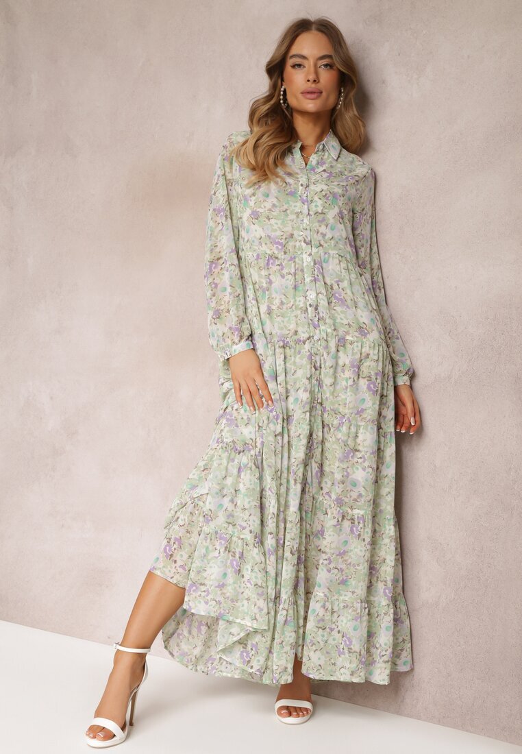 rosa Rochie Cămașă Mentă Maxi Florală cu Volan la Bază Nilmisse