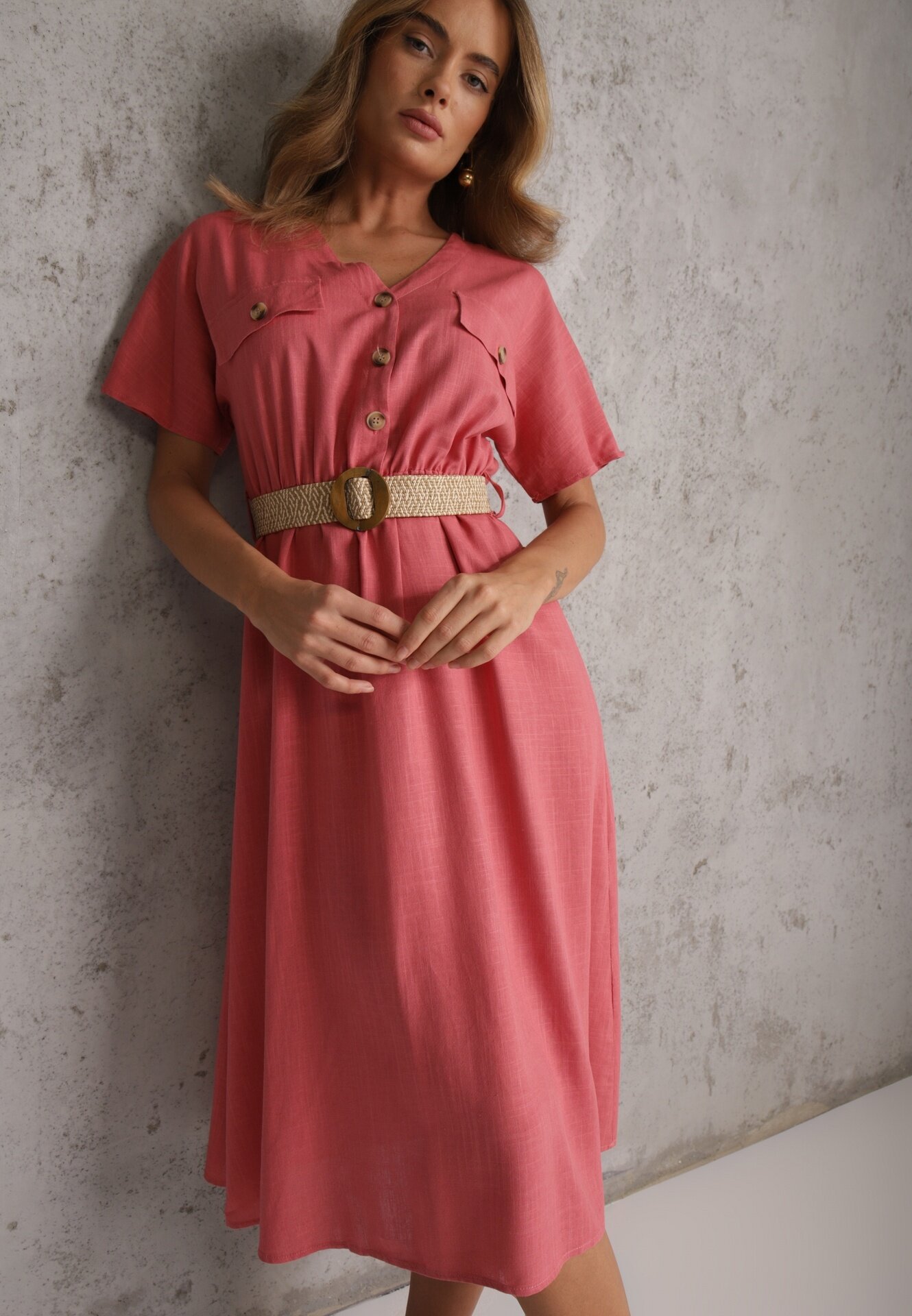 rosa Rochie-cămașă Midi roz închis din Bumbac cu Elastic în Talie și Curea Împletită Emera