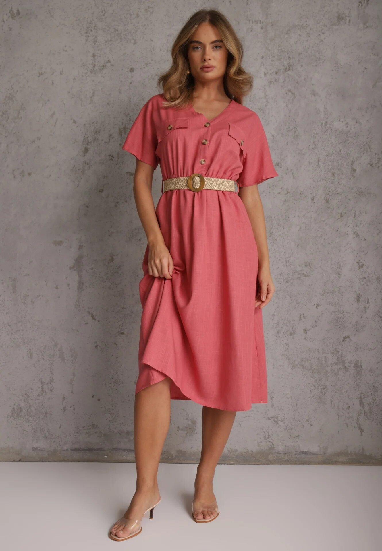 rosa Rochie-cămașă Midi roz închis din Bumbac cu Elastic în Talie și Curea Împletită Emera