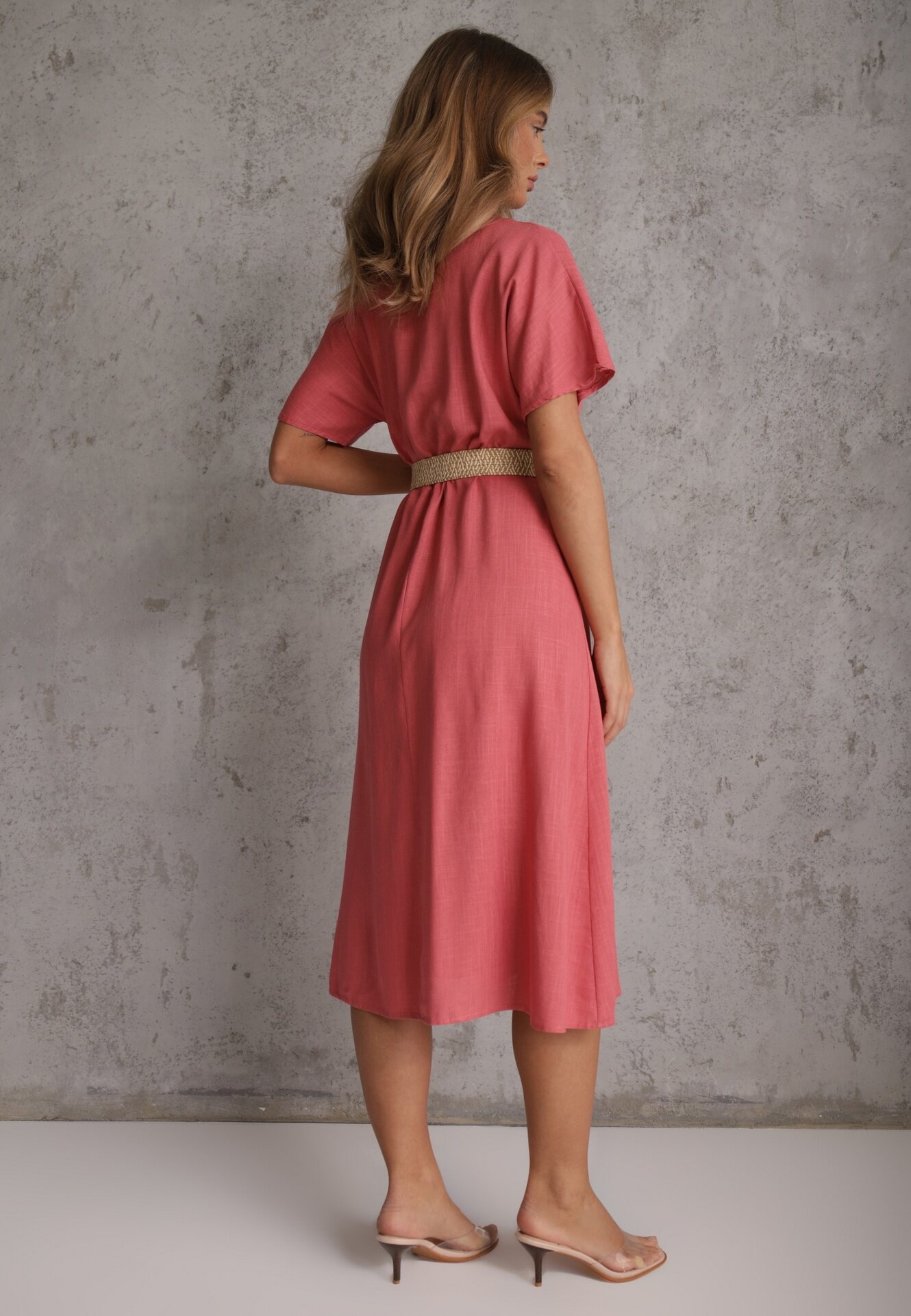 rosa Rochie-cămașă Midi roz închis din Bumbac cu Elastic în Talie și Curea Împletită Emera