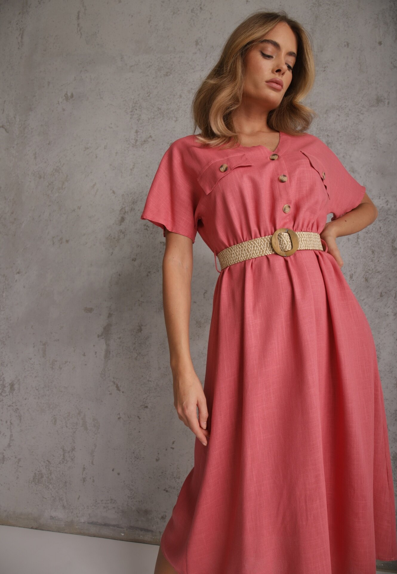 rosa Rochie-cămașă Midi roz închis din Bumbac cu Elastic în Talie și Curea Împletită Emera