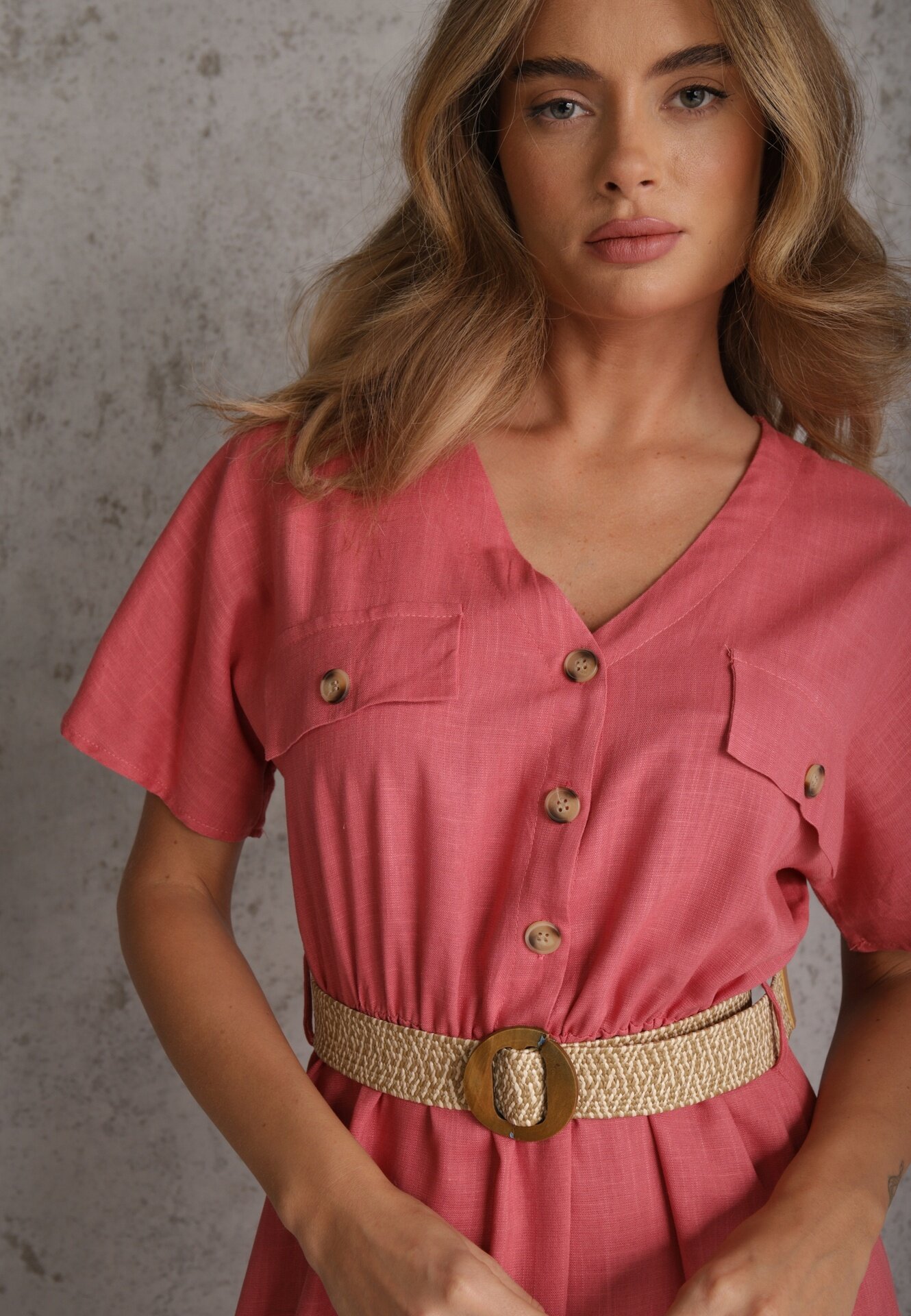 rosa Rochie-cămașă Midi roz închis din Bumbac cu Elastic în Talie și Curea Împletită Emera