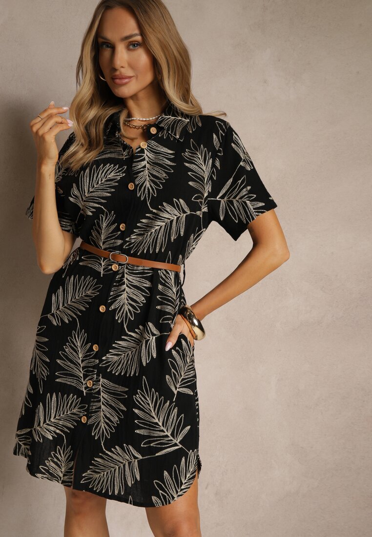 rosa Rochie cămașă Neagră din bumbac cu centură și imprimeu cu frunze Paredia