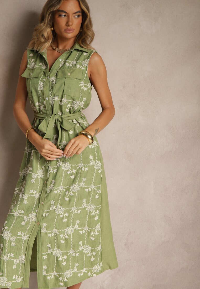 rosa Rochie Cămașă Verde cu Cordon și Broderie Malenea