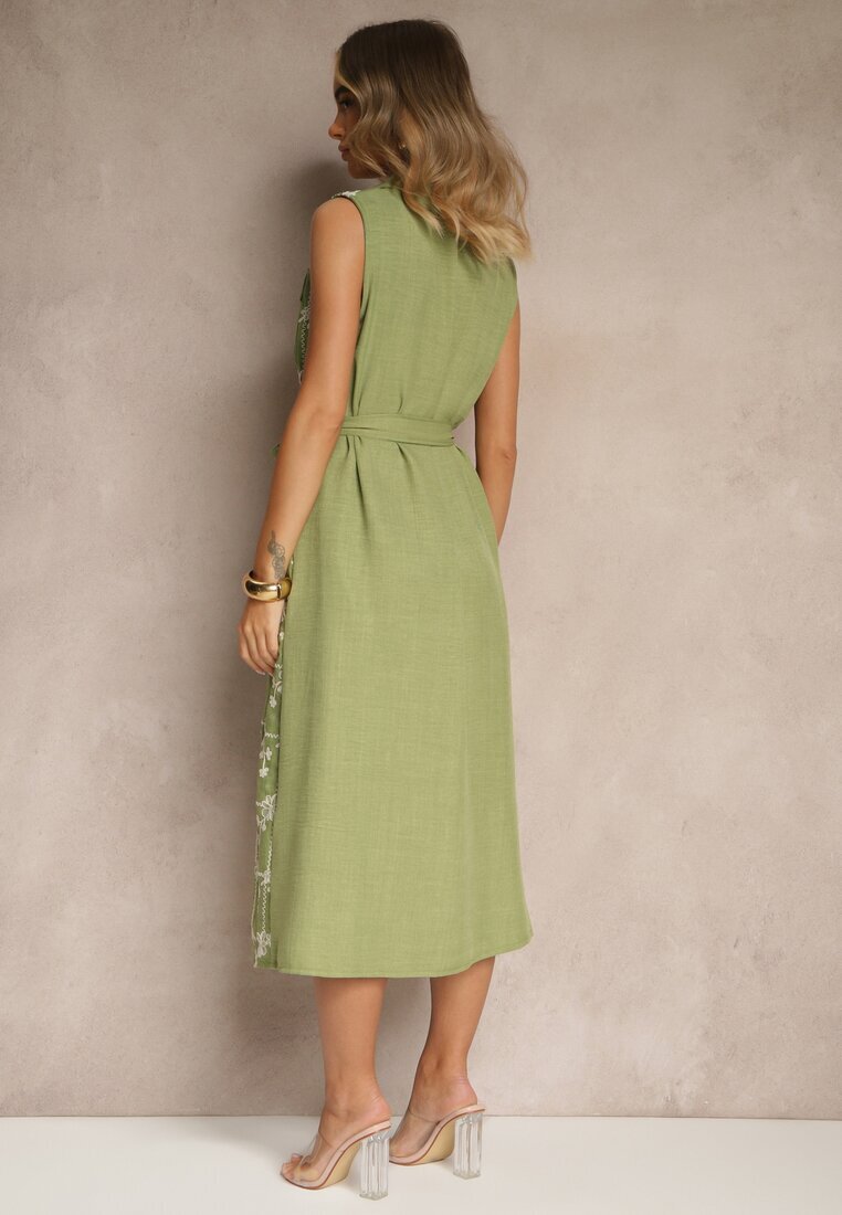 rosa Rochie Cămașă Verde cu Cordon și Broderie Malenea