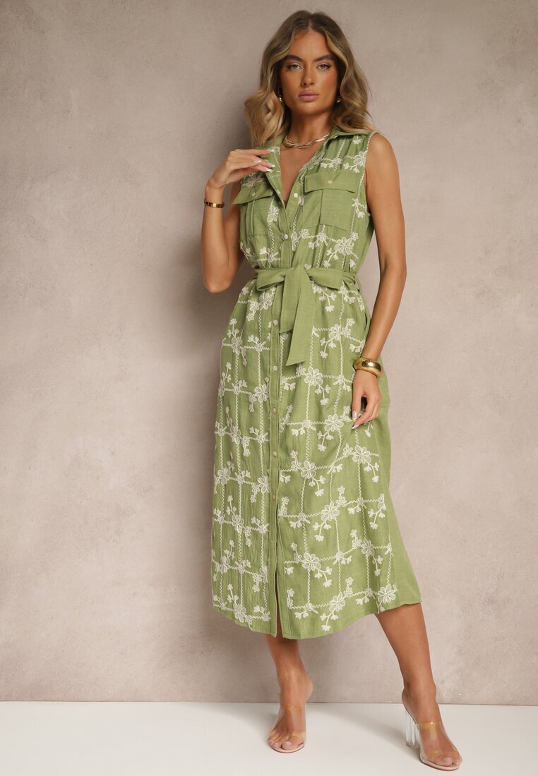 rosa Rochie Cămașă Verde cu Cordon și Broderie Malenea