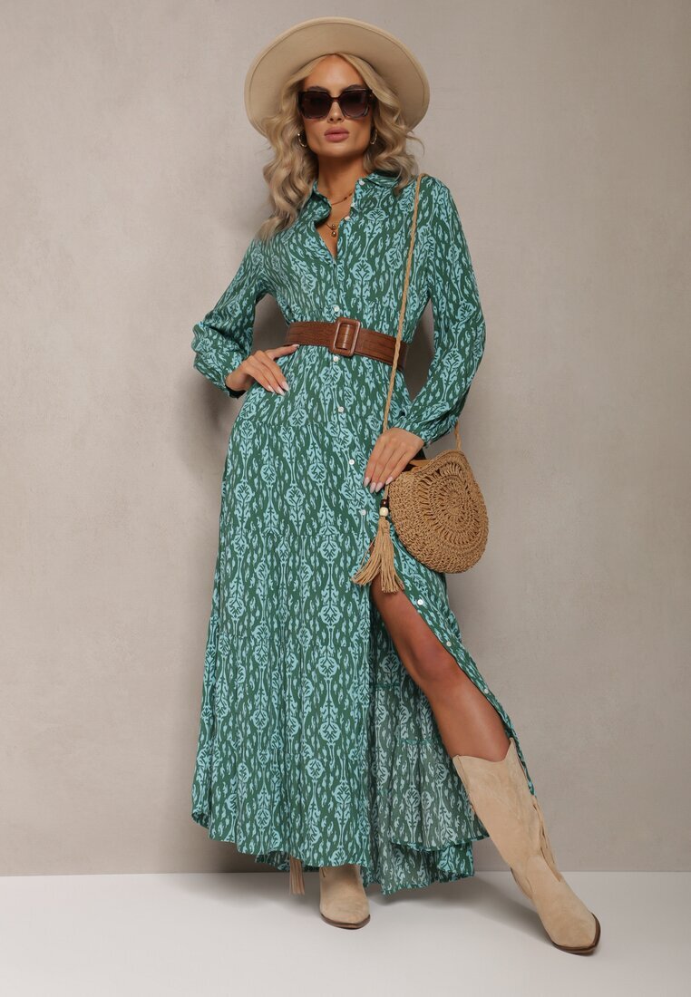 rosa Rochie Cămașă Verde cu Model Ornamental Gongi