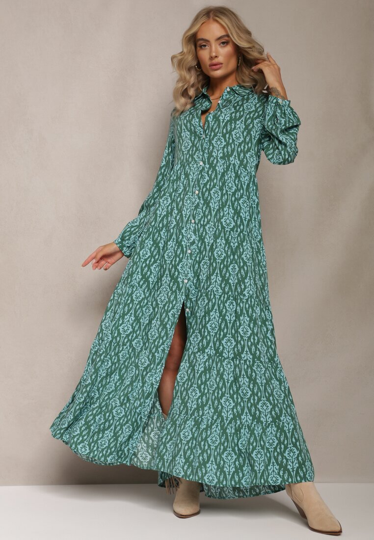 rosa Rochie Cămașă Verde cu Model Ornamental Gongi