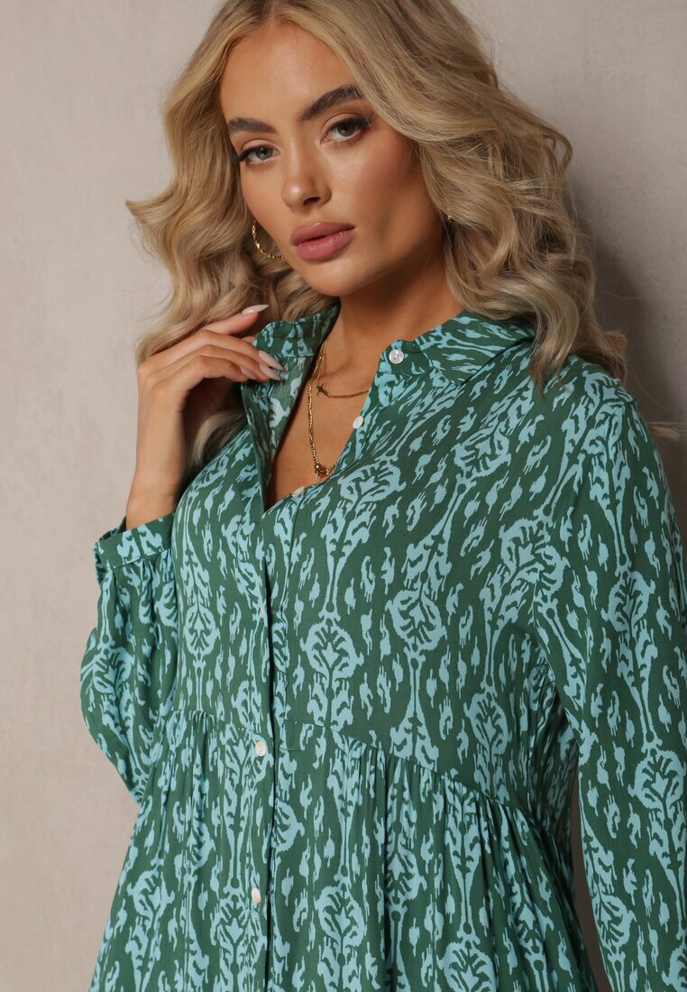 rosa Rochie Cămașă Verde cu Model Ornamental Gongi