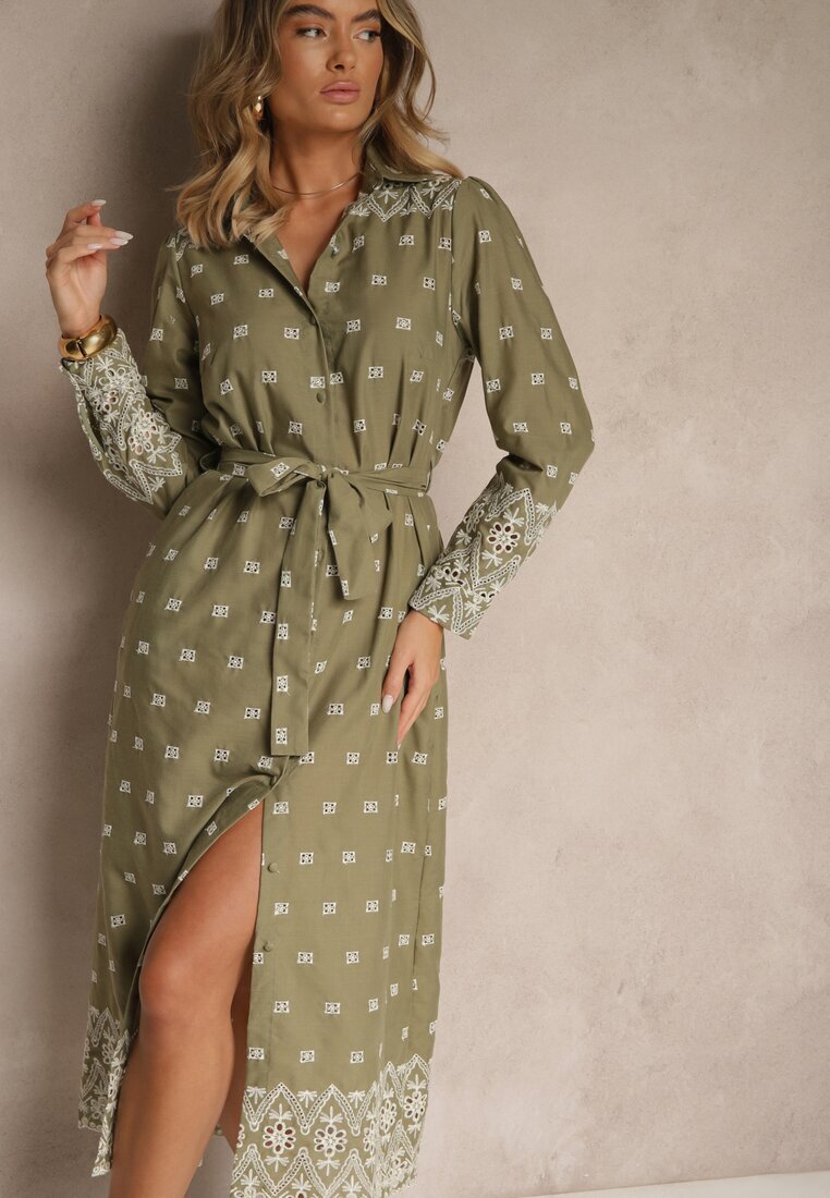 rosa Rochie Cămașă Verde Decorată cu model brodat cu cordon în talie Tinnora