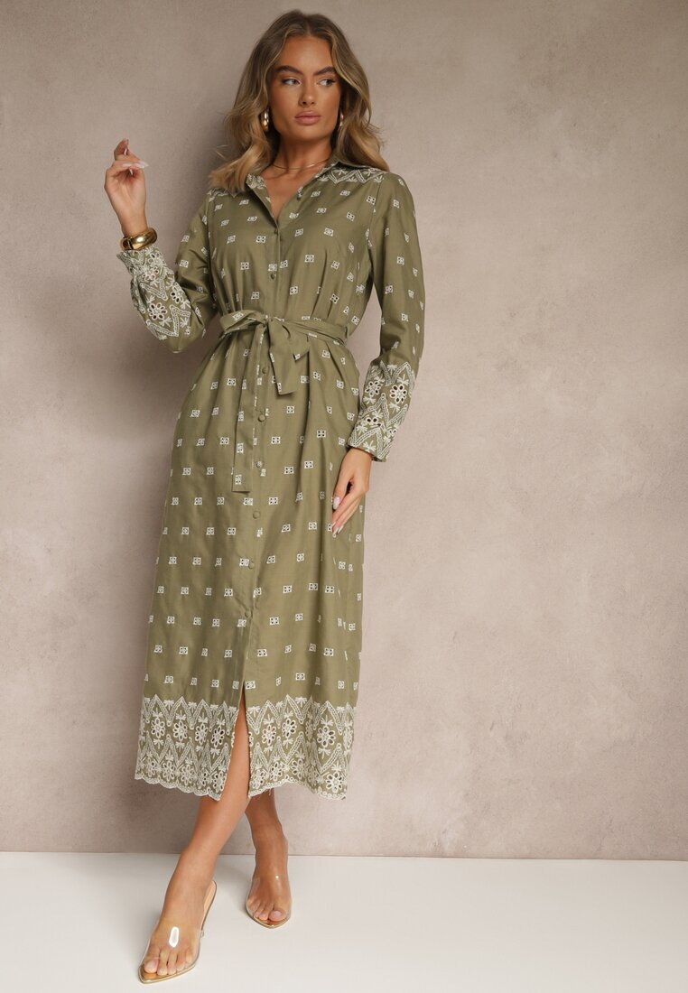 rosa Rochie Cămașă Verde Decorată cu model brodat cu cordon în talie Tinnora