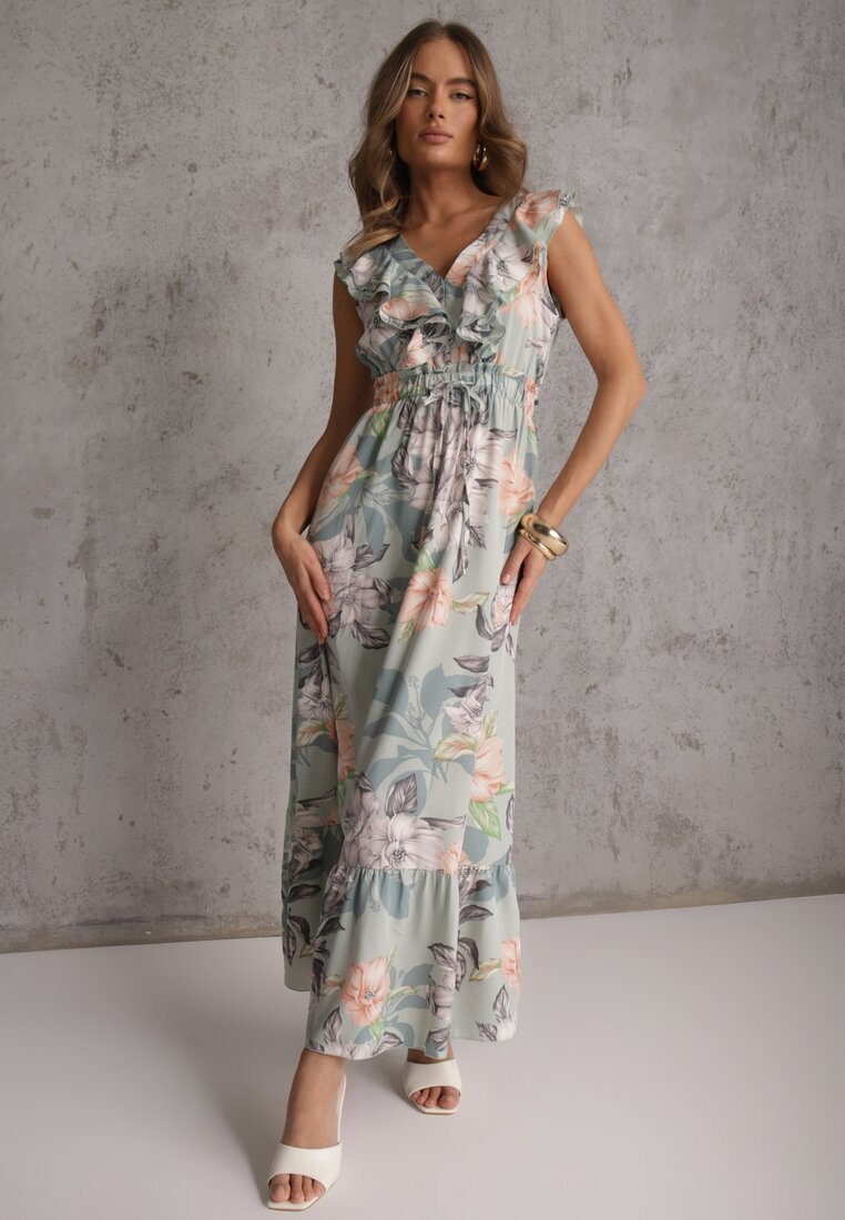 rosa Rochie cloche mentă cu imprimeu floral cu volane și cordon Kerna