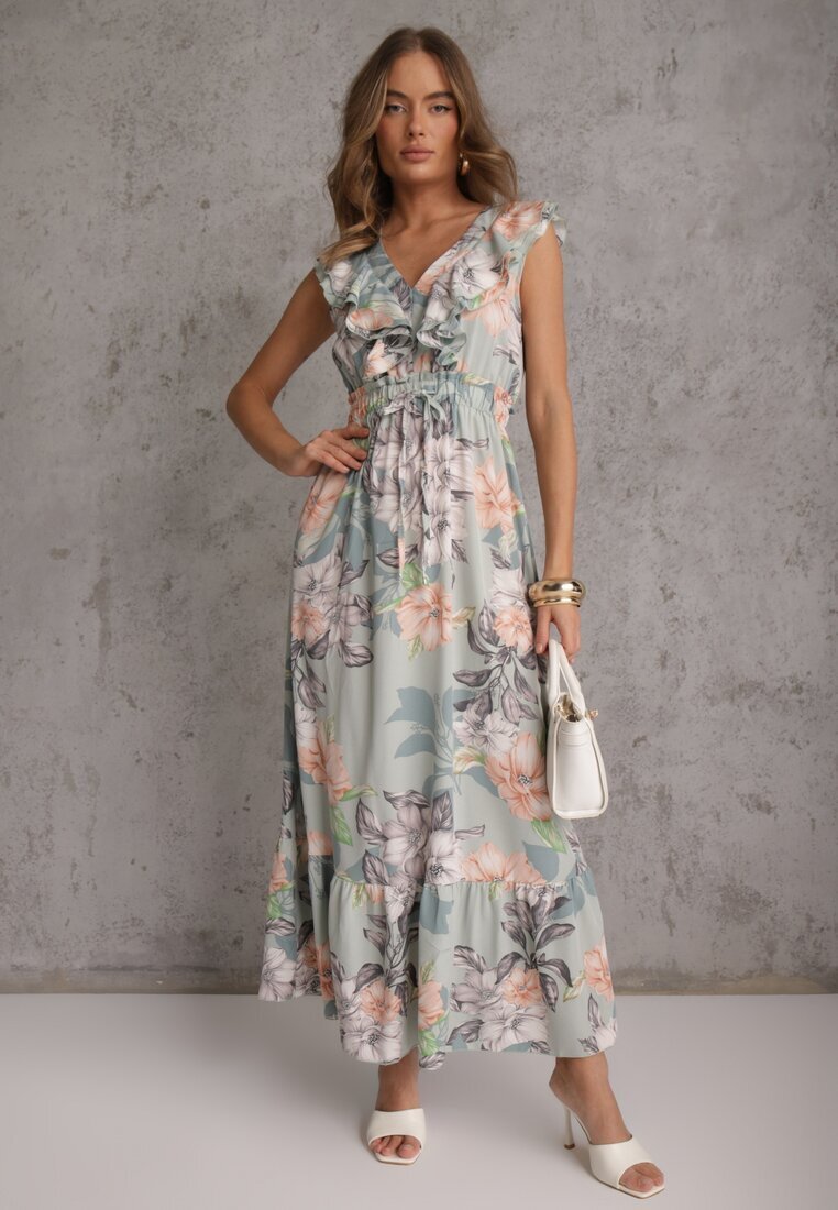 rosa Rochie cloche mentă cu imprimeu floral cu volane și cordon Kerna