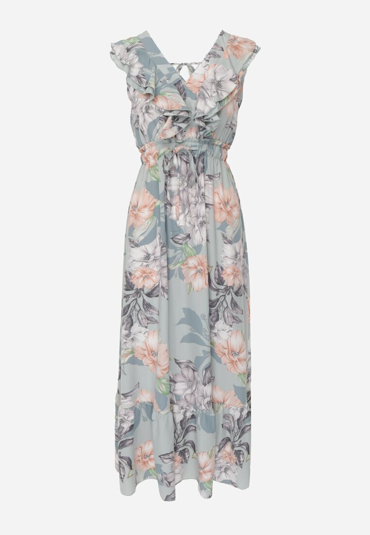 rosa Rochie cloche mentă cu imprimeu floral cu volane și cordon Kerna