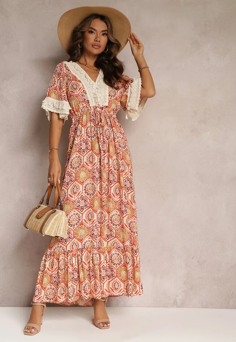 rosa Rochie Cloș din Vâscoză Portocalie cu Decolteu Triunghiular și Dantelă Decorativă Prickie