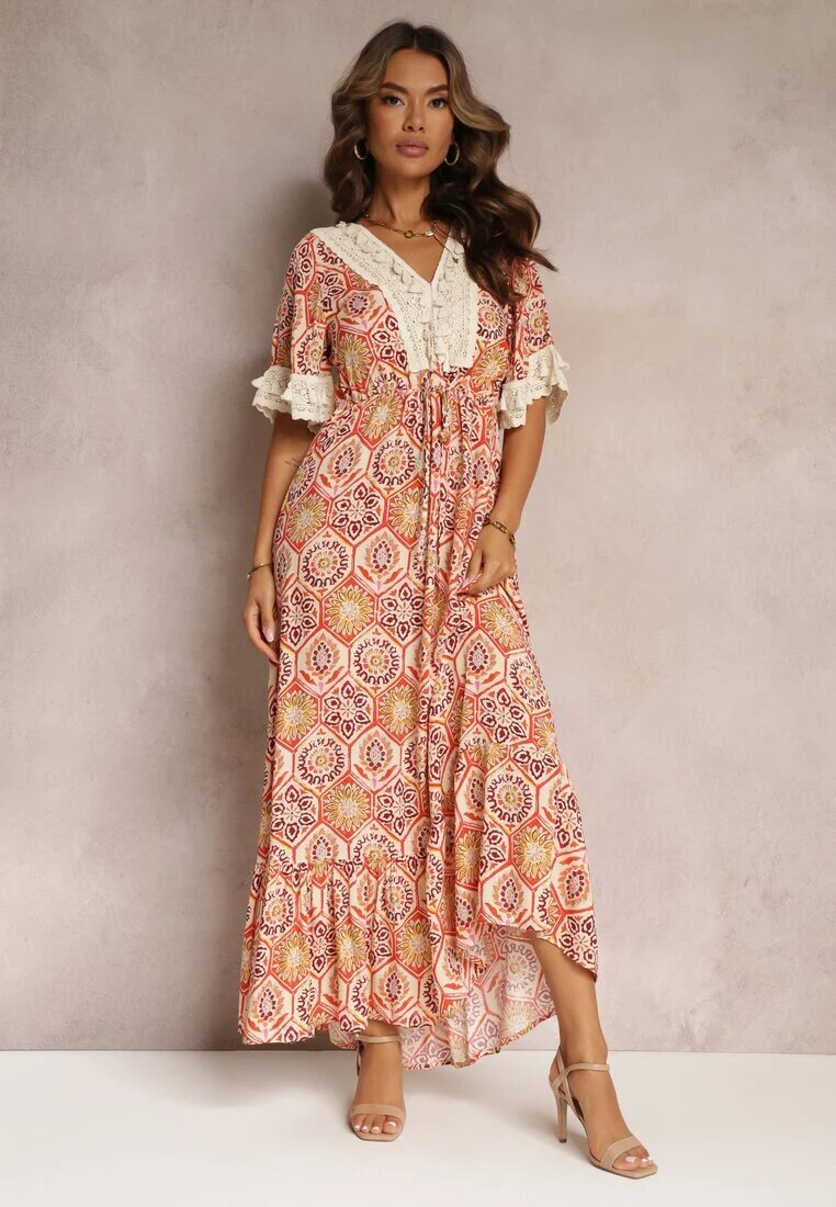 rosa Rochie Cloș din Vâscoză Portocalie cu Decolteu Triunghiular și Dantelă Decorativă Prickie