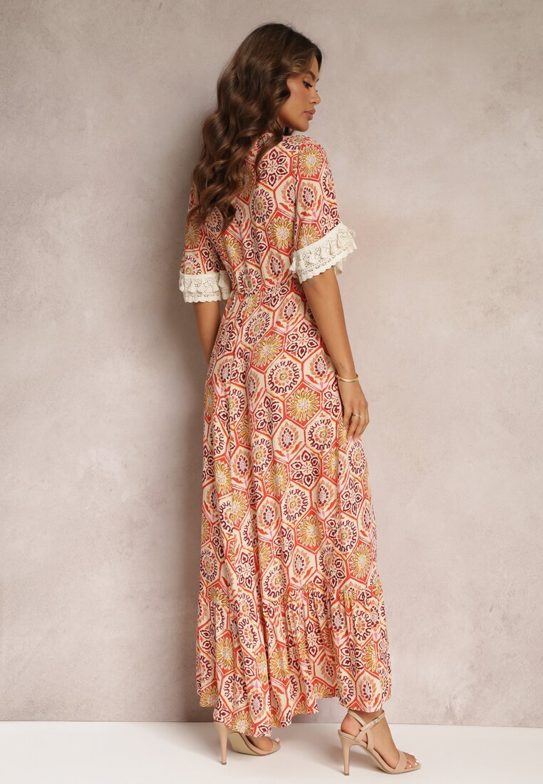 rosa Rochie Cloș din Vâscoză Portocalie cu Decolteu Triunghiular și Dantelă Decorativă Prickie