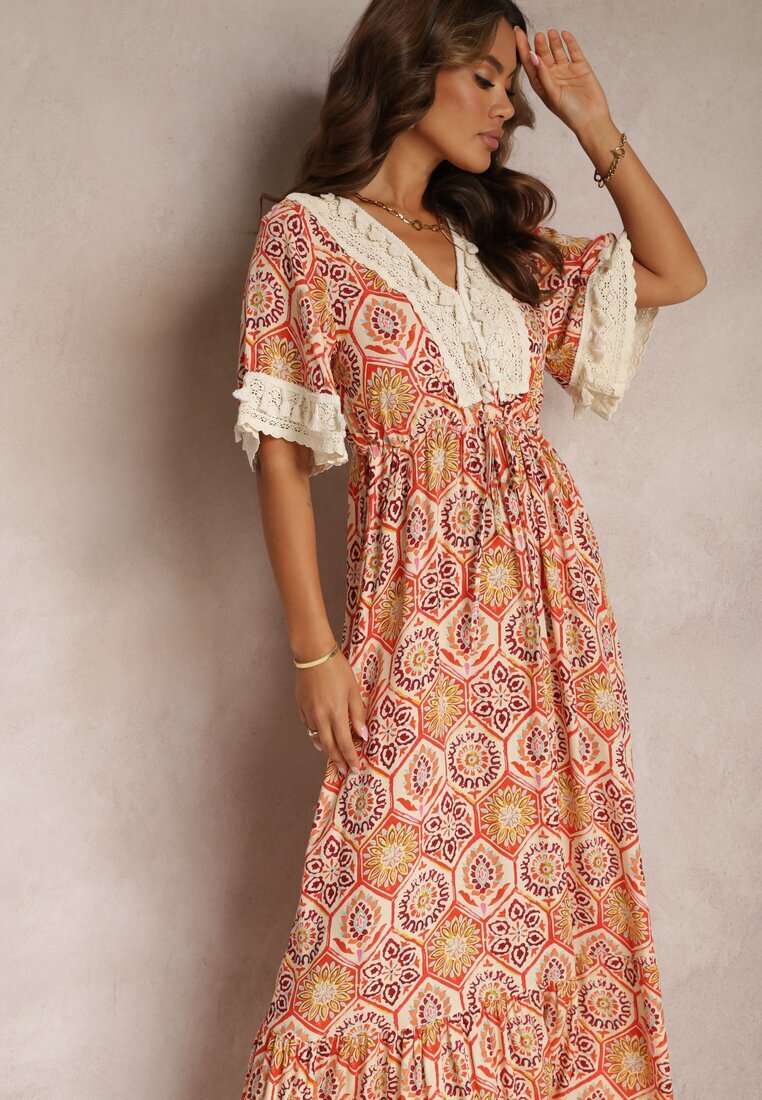 rosa Rochie Cloș din Vâscoză Portocalie cu Decolteu Triunghiular și Dantelă Decorativă Prickie