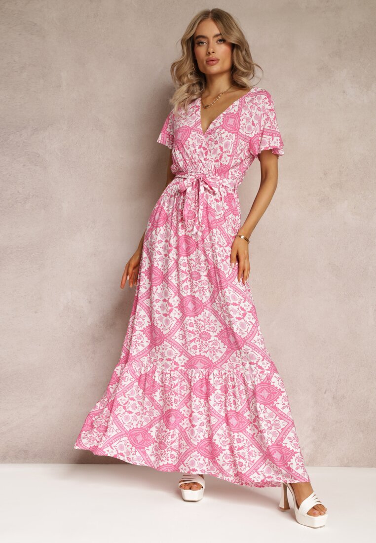 rosa Rochie Cloș Fucsia cu Decolteu petrecut și Curea legată Brynis