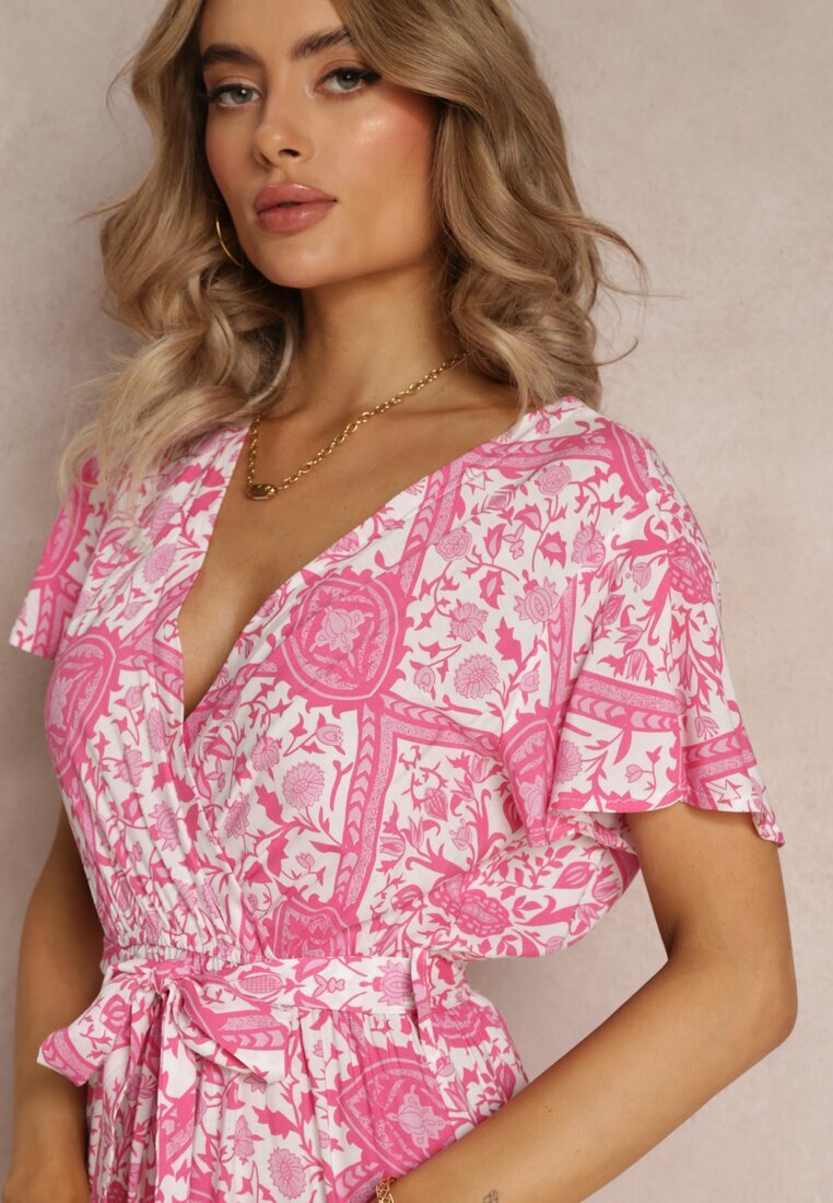 rosa Rochie Cloș Fucsia cu Decolteu petrecut și Curea legată Brynis