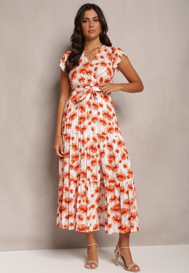 rosa Rochie Cloș Maxi Portocalie cu Imprimeu Floral și Elastic în Talie Javiky