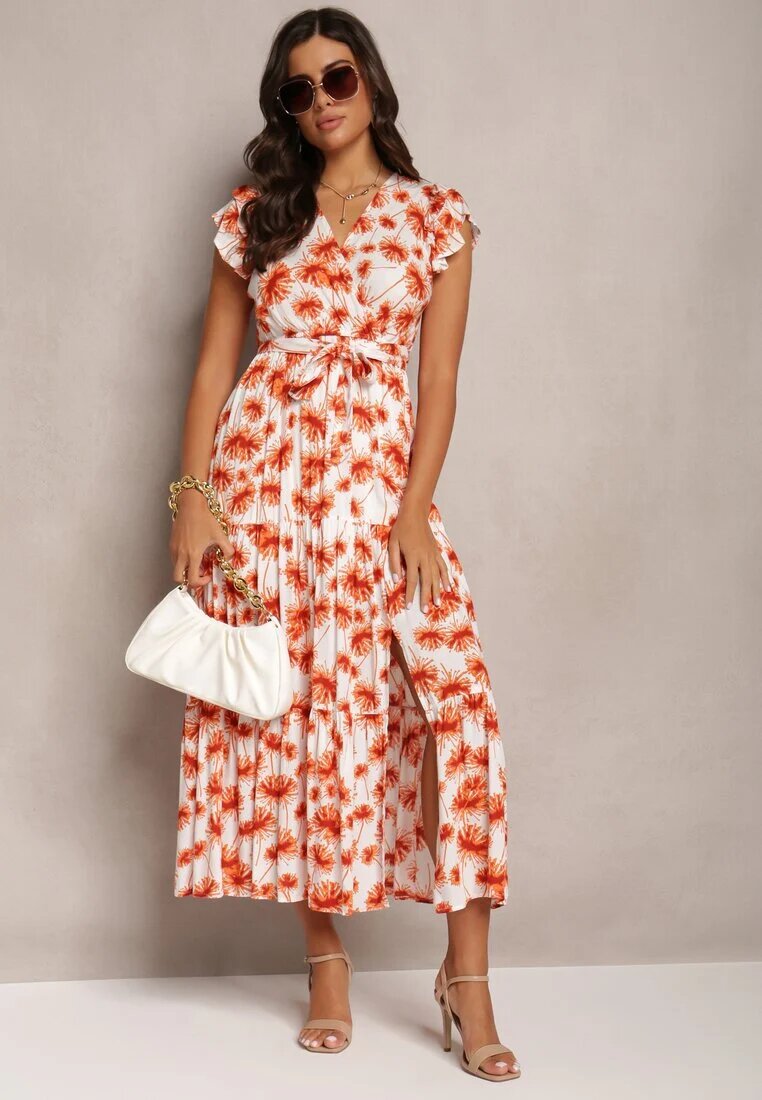 rosa Rochie Cloș Maxi Portocalie cu Imprimeu Floral și Elastic în Talie Javiky