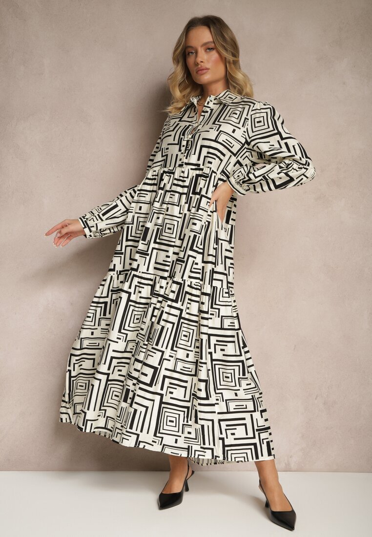 rosa Rochie Cloș Neagră cu Vâscoză cu Imprimeu Geometric Apirestia