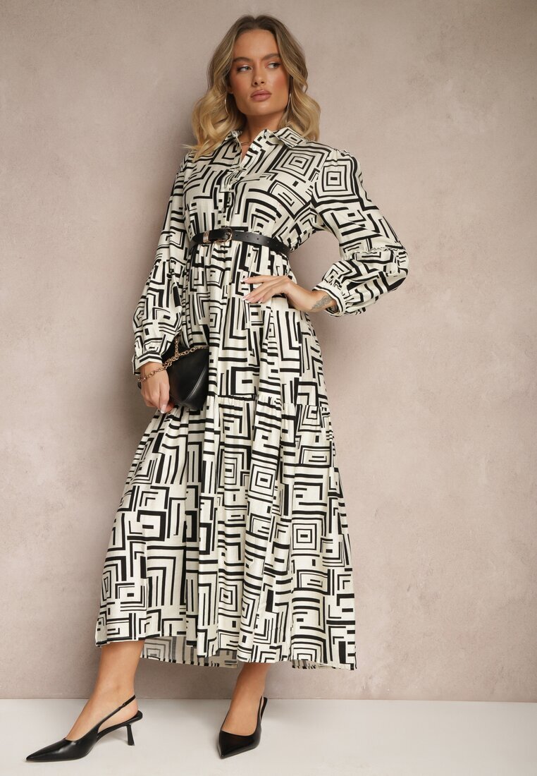 rosa Rochie Cloș Neagră cu Vâscoză cu Imprimeu Geometric Apirestia