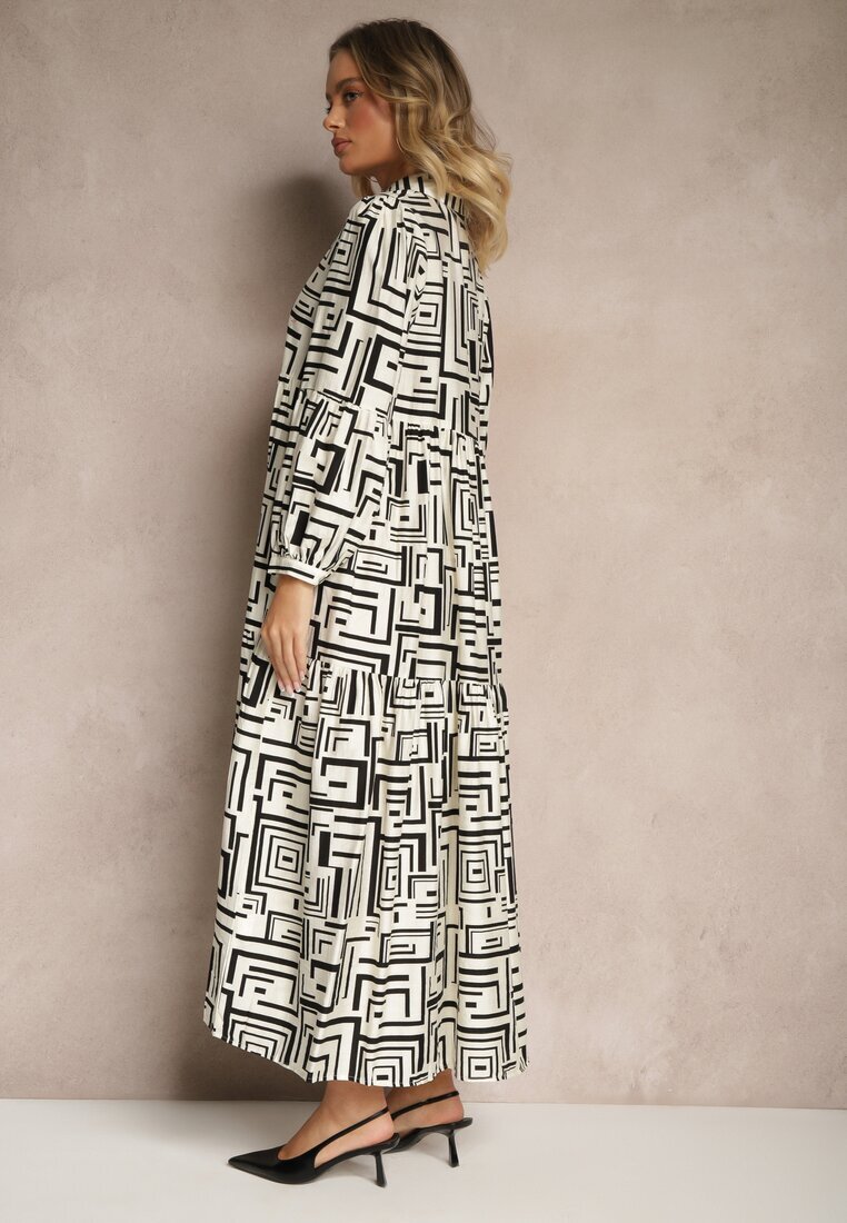rosa Rochie Cloș Neagră cu Vâscoză cu Imprimeu Geometric Apirestia