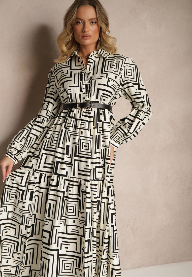 rosa Rochie Cloș Neagră cu Vâscoză cu Imprimeu Geometric Apirestia