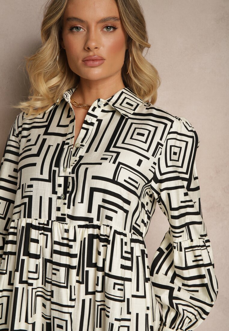 rosa Rochie Cloș Neagră cu Vâscoză cu Imprimeu Geometric Apirestia