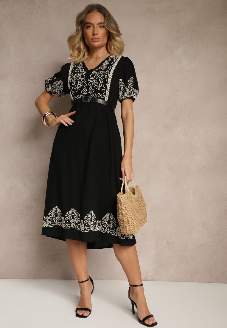 rosa Rochie cloș neagră din bumbac în stil Boho cu broderii Lannils
