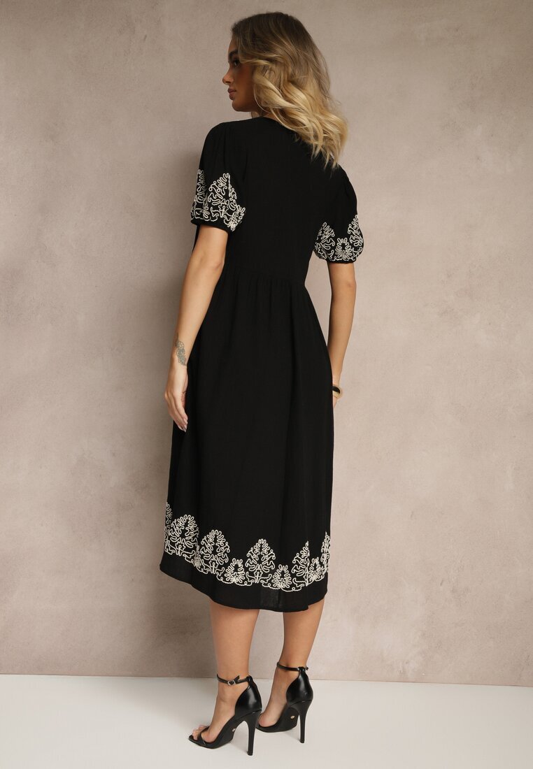 rosa Rochie cloș neagră din bumbac în stil Boho cu broderii Lannils