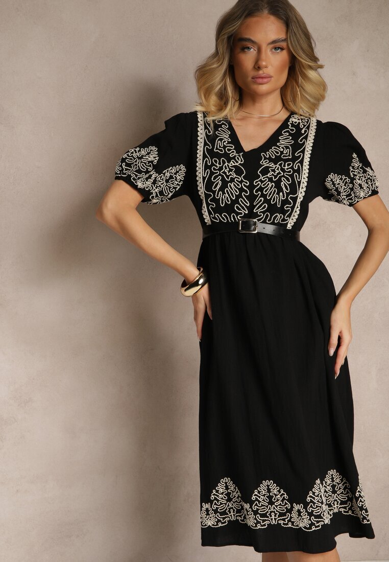 rosa Rochie cloș neagră din bumbac în stil Boho cu broderii Lannils