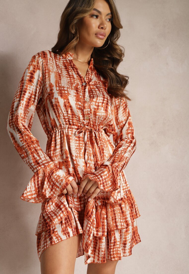 rosa Rochie Cloș Portocalie cu model Acuarelă și Volane Heava