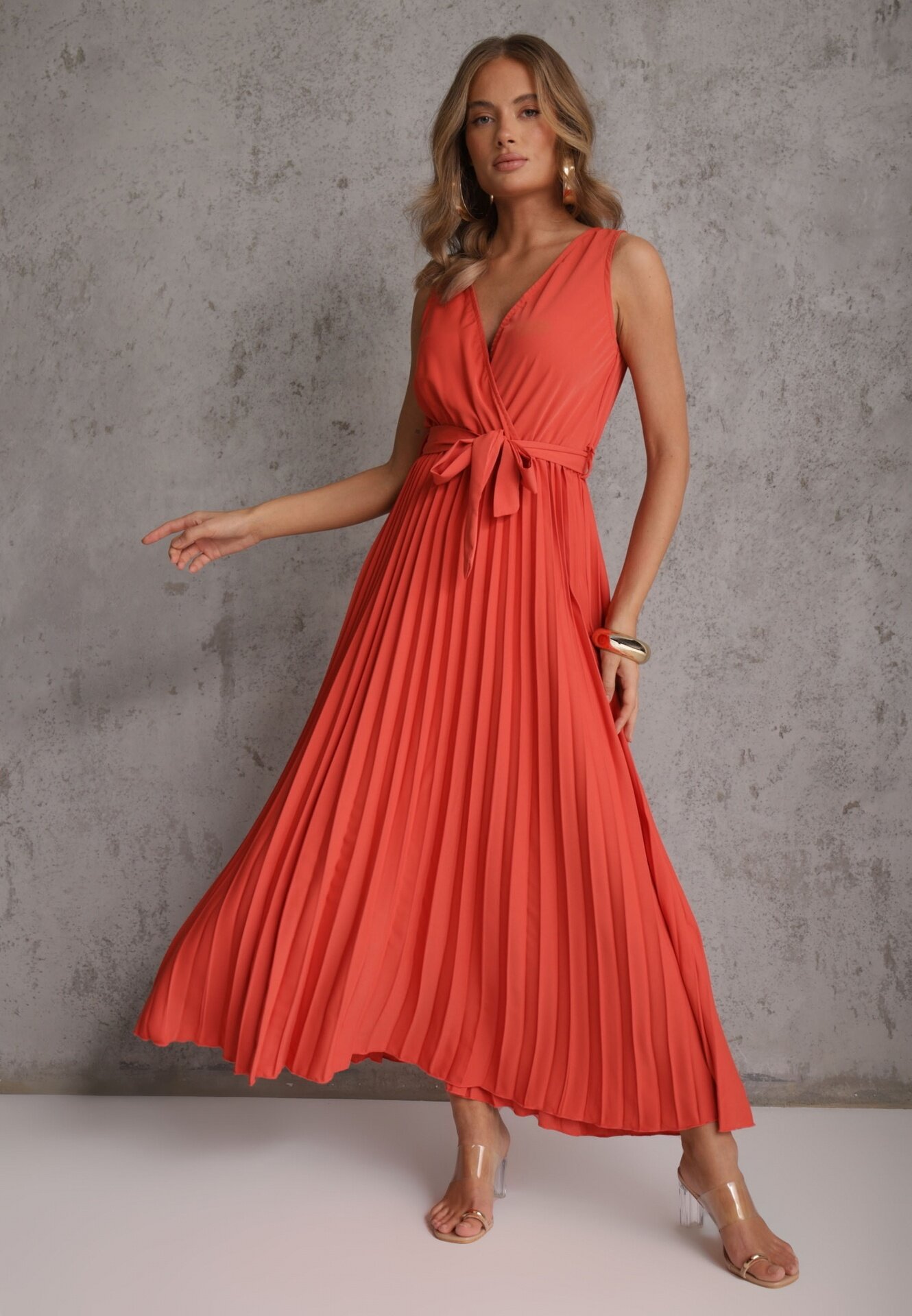 rosa Rochie Cloș Roșie Maxi cu fustă plisată și elastic în talie Sare