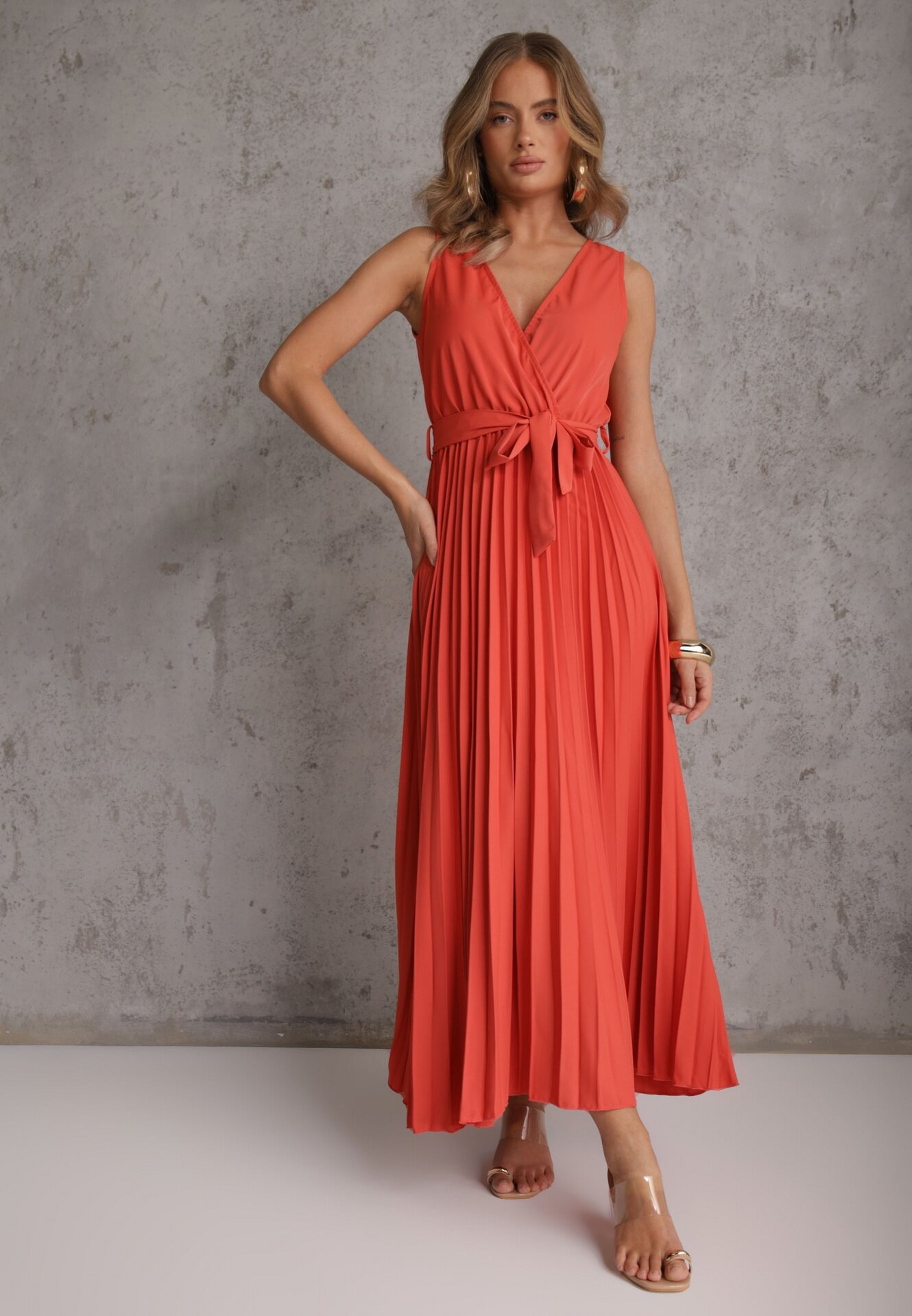 rosa Rochie Cloș Roșie Maxi cu fustă plisată și elastic în talie Sare