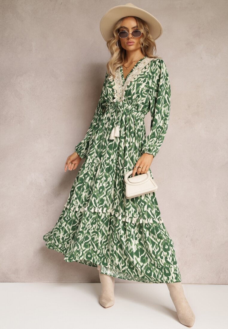 rosa Rochie Cloș Verde cu elastic în talie și inserție ajurată Margotta
