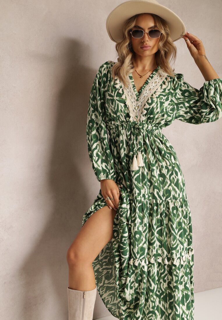 rosa Rochie Cloș Verde cu elastic în talie și inserție ajurată Margotta