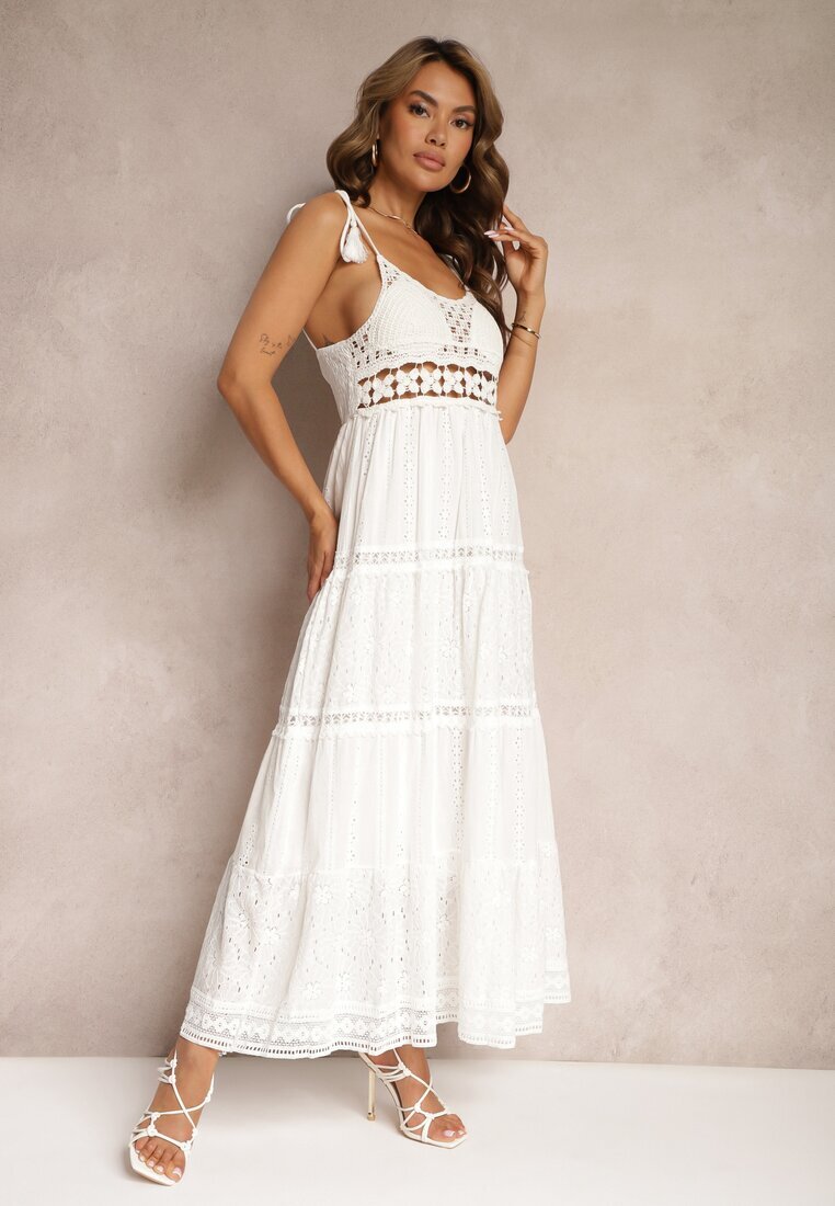 rosa Rochie Croșetată Albă Maxi cu Broderie Decorativă și Volan Eshade