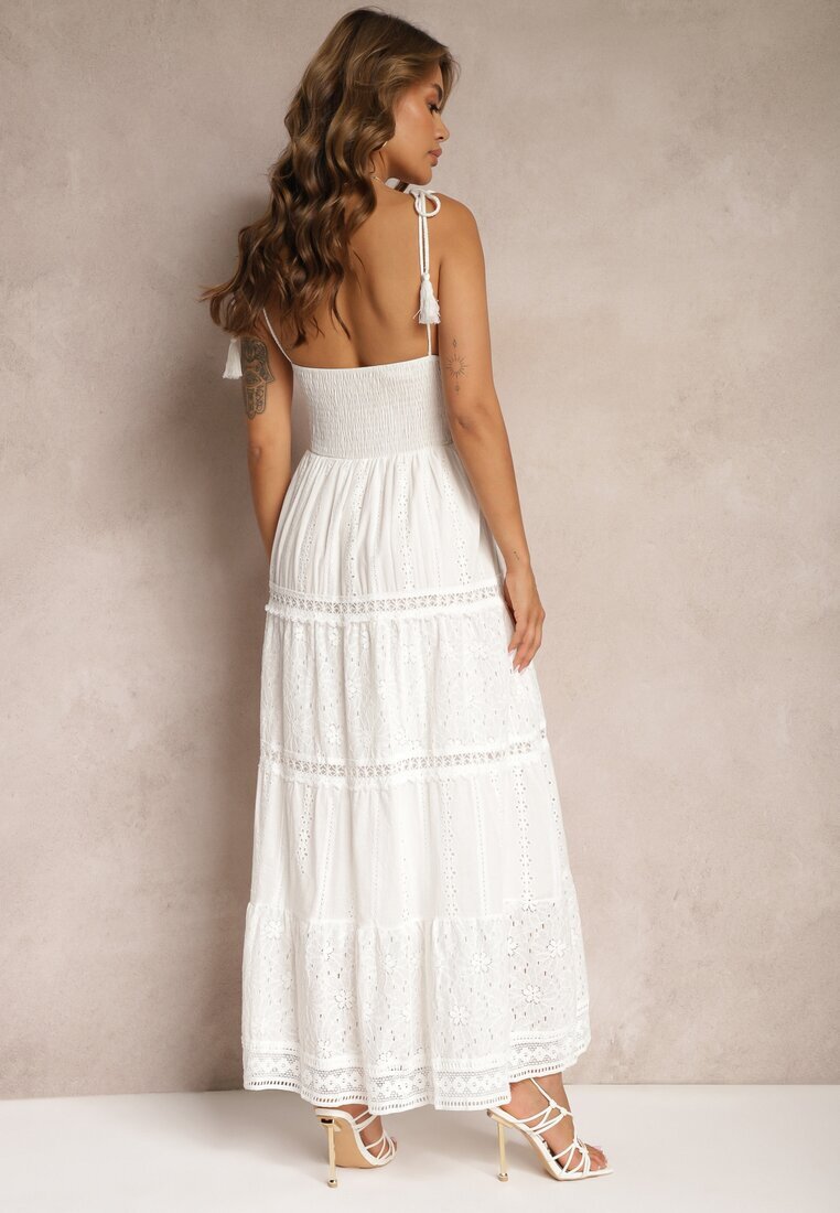 rosa Rochie Croșetată Albă Maxi cu Broderie Decorativă și Volan Eshade